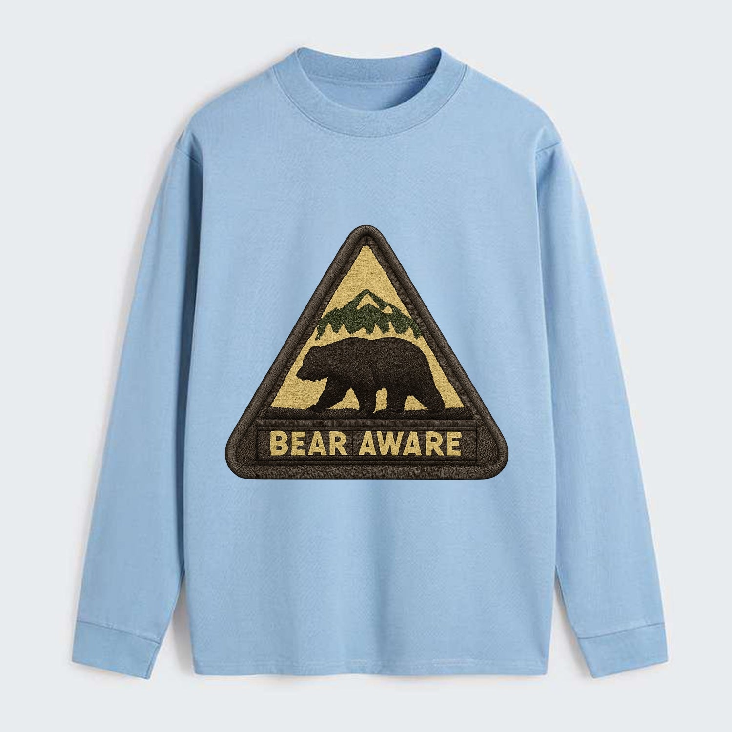 BEAR AWARE - bear silhouette warning in brown and yellow , wilderness - Classic Long Sleeve Shirt - Light Blue