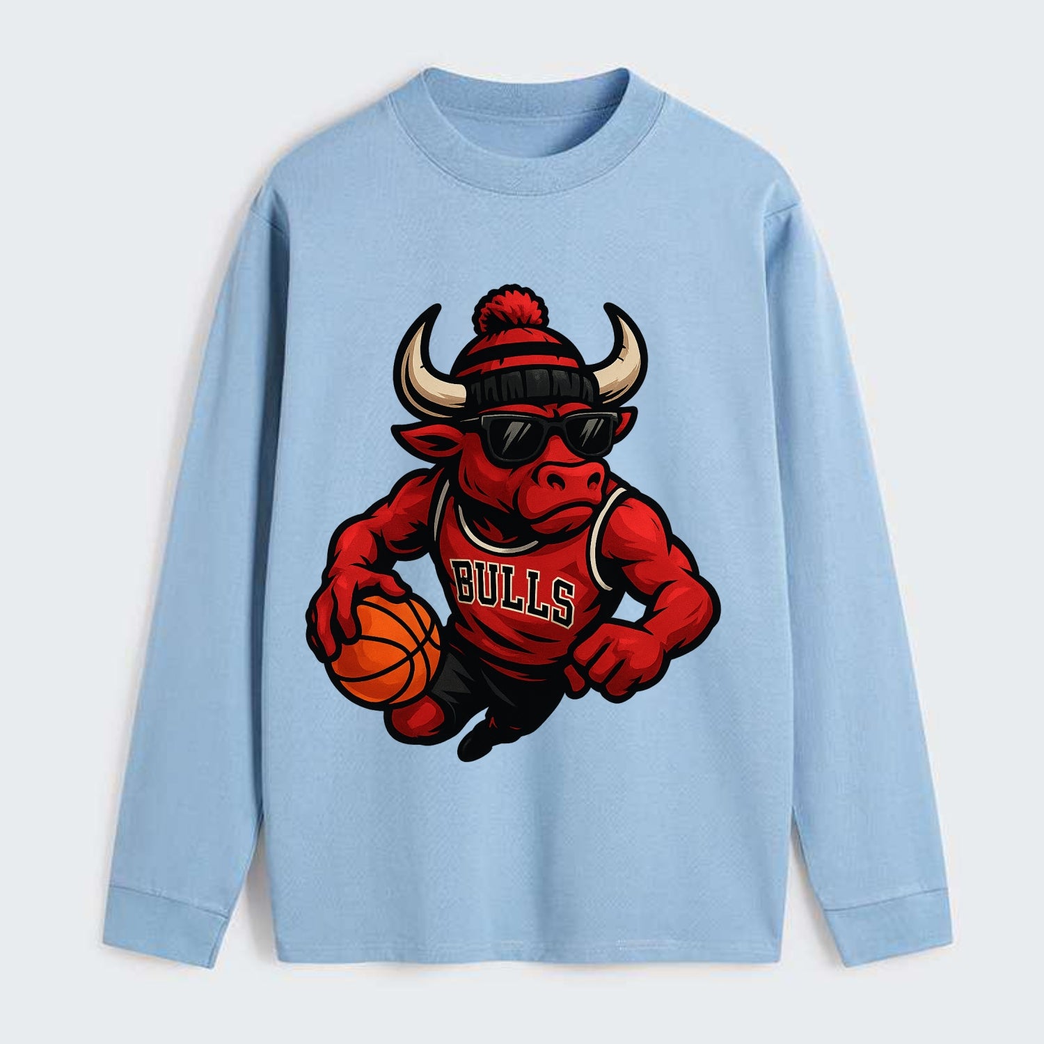 Chicago Bull wearing Bulls red and black beanie with horns design and - Classic Long Sleeve Shirt - Light Blue