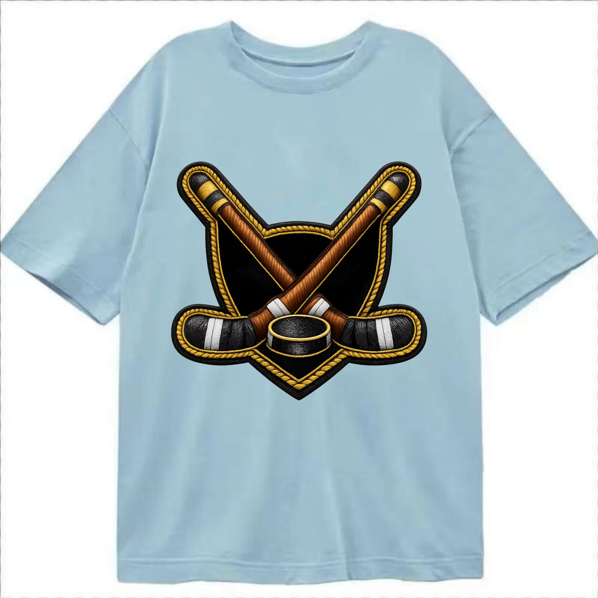 Embroidered patch design - HOCKEY CROSSED STICKS - ice hockey sticks with puck in - Classic T-shirt - Light Blue