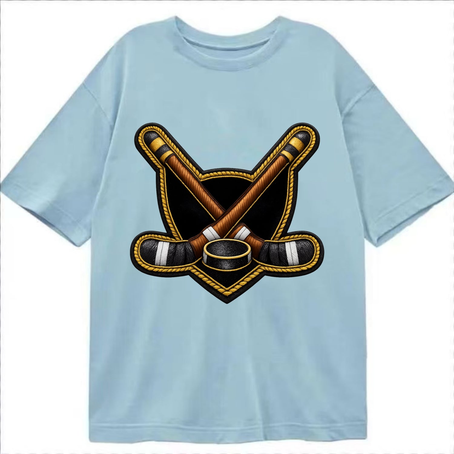 Embroidered patch design - HOCKEY CROSSED STICKS - ice hockey sticks with puck in - Classic T-shirt - Light Blue