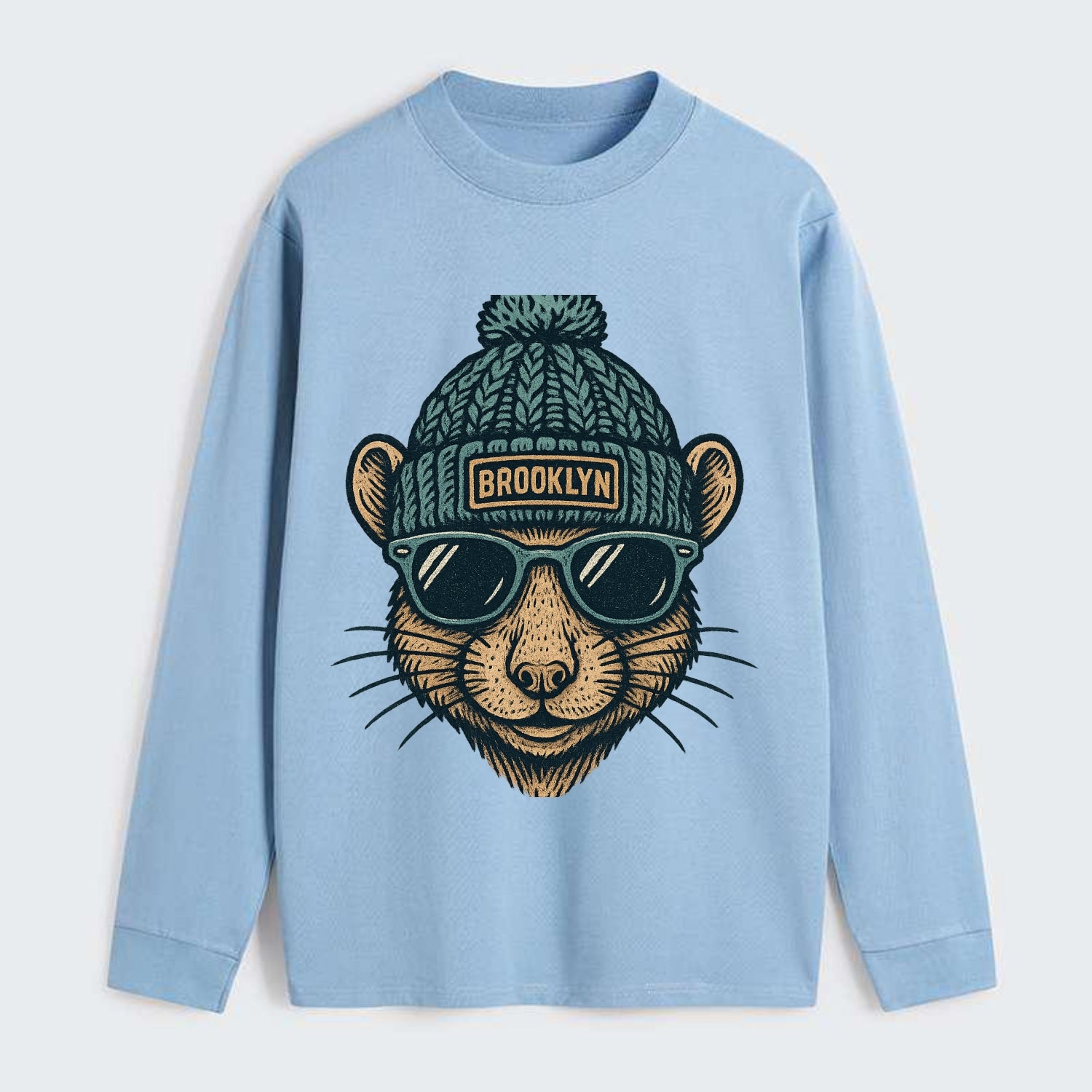 NYC Rat wearing Brooklyn beanie with pom pom and wayfarer sunglasses - Classic Long Sleeve Shirt - Light Blue