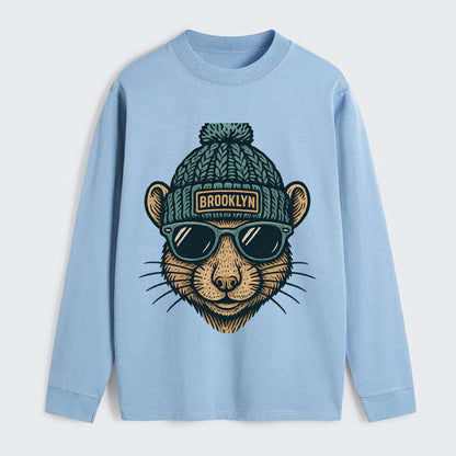NYC Rat wearing Brooklyn beanie with pom pom and wayfarer sunglasses - Classic Long Sleeve Shirt - Light Blue