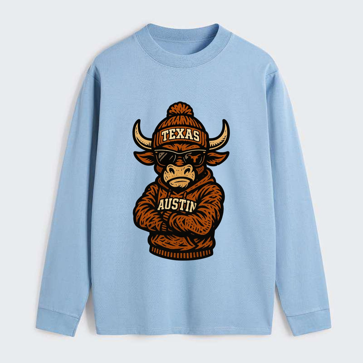 Austin Bevo wearing Texas beanie with longhorn patch - Classic Long Sleeve Shirt - Light Blue