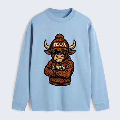 Austin Bevo wearing Texas beanie with longhorn patch - Classic Long Sleeve Shirt - Light Blue