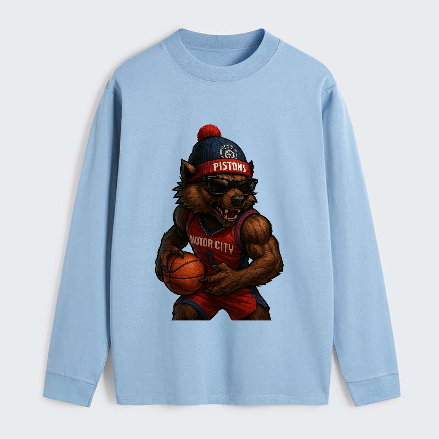 Motor City Wolverine wearing Pistons beanie with gear patch and - Classic Long Sleeve Shirt - Light Blue
