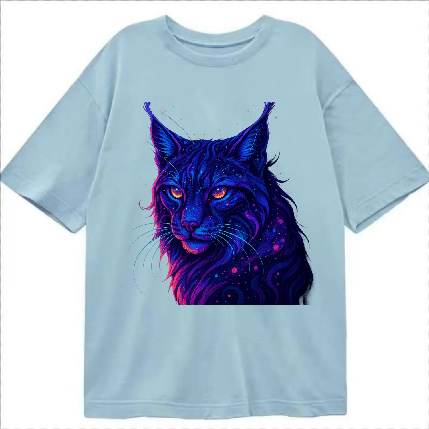 Stealthy lynx with ear tufts forming constellation patterns, nebula spots across - Classic T-shirt - Light Blue