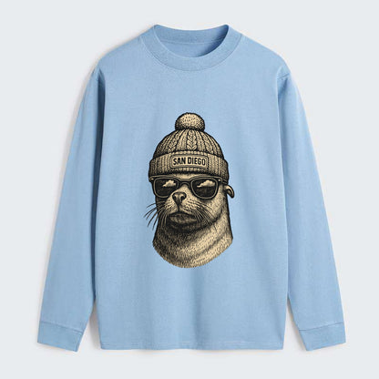 San Diego Sea Lion wearing San Diego beanie with pom pom and wayfarer - Classic Long Sleeve Shirt - Light Blue