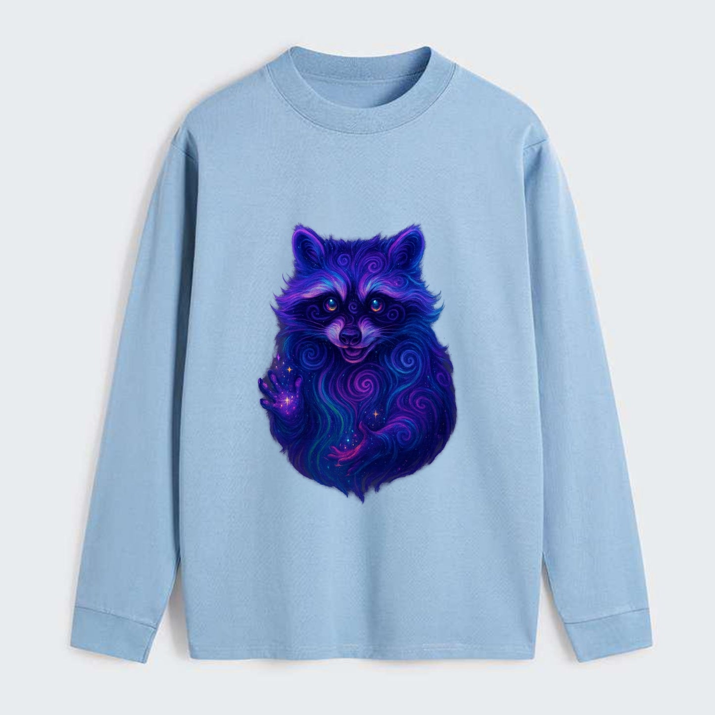 Playful raccoon with mask swirling in hypnotic patterns, neon purple - Classic Long Sleeve Shirt - Light Blue