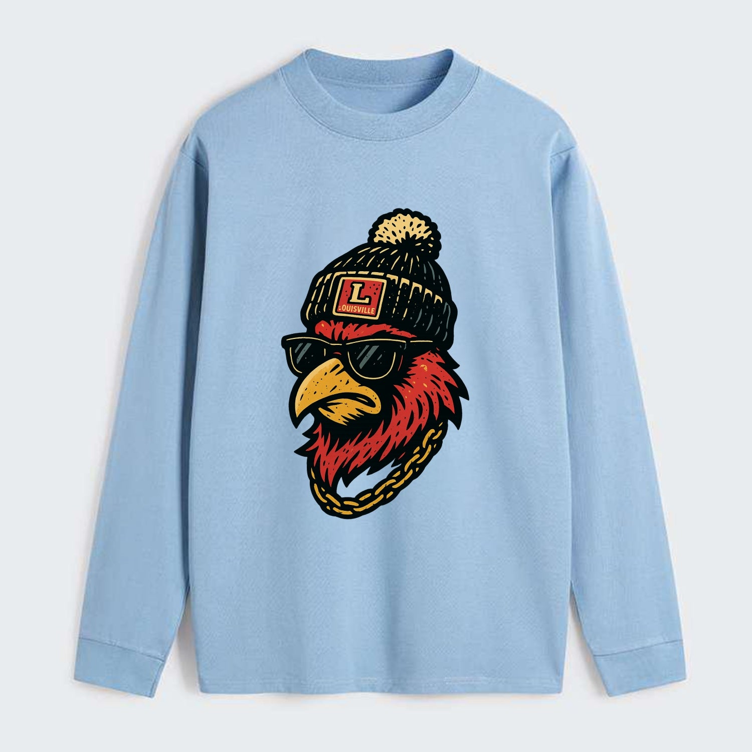 Louisville Cardinal wearing Louisville beanie with L patch - Classic Long Sleeve Shirt - Light Blue