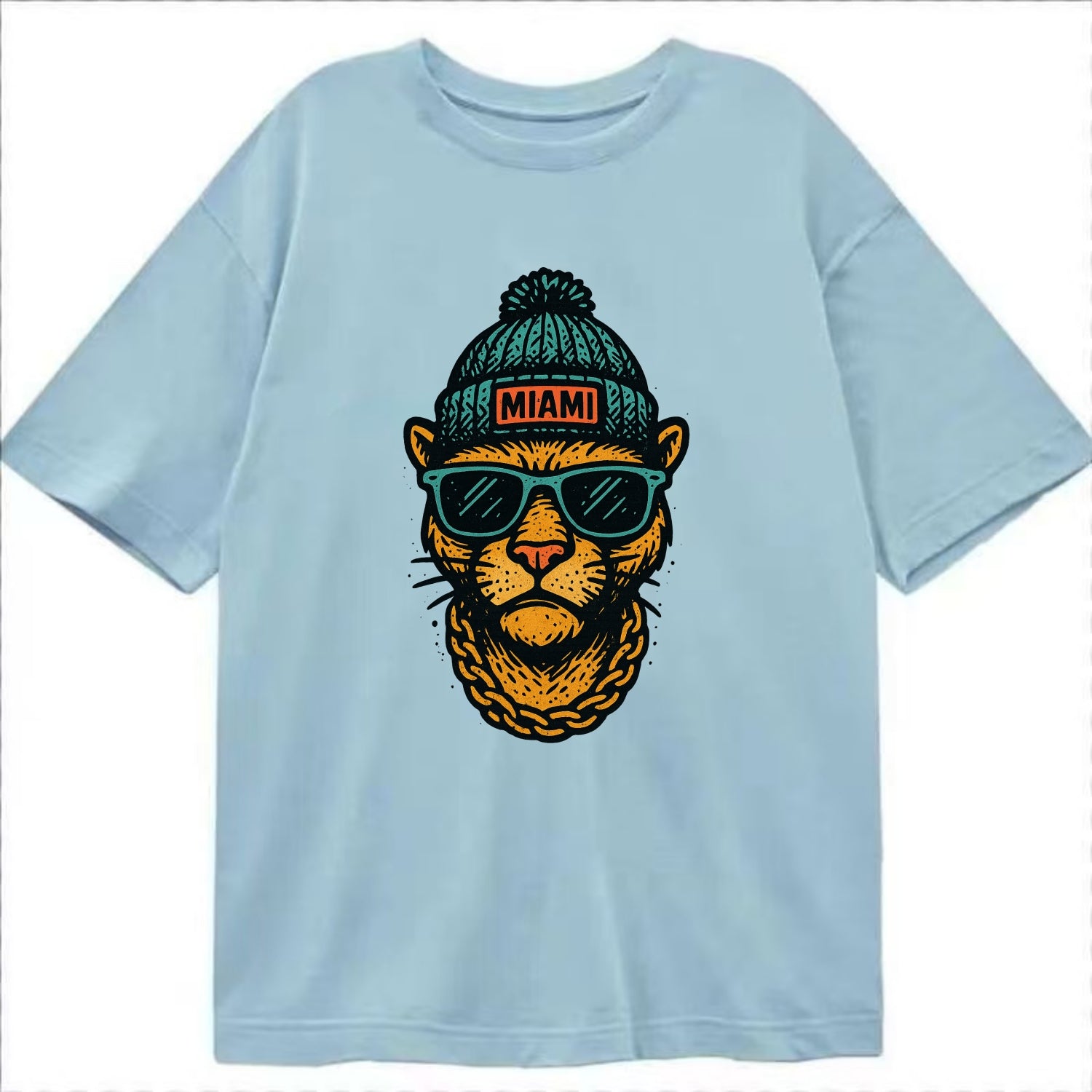 Florida Panther wearing Miami beanie with pom pom and wayfarer sunglasses - Classic T-shirt - Light Blue