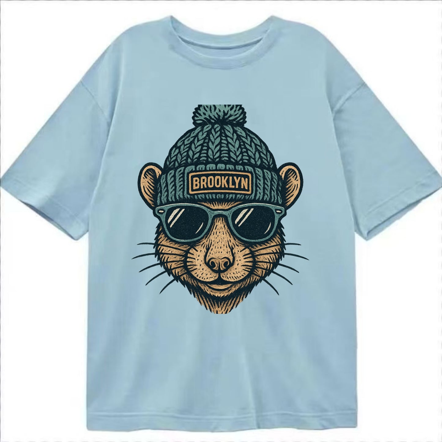 NYC Rat wearing Brooklyn beanie with pom pom and wayfarer sunglasses - Classic T-shirt - Light Blue