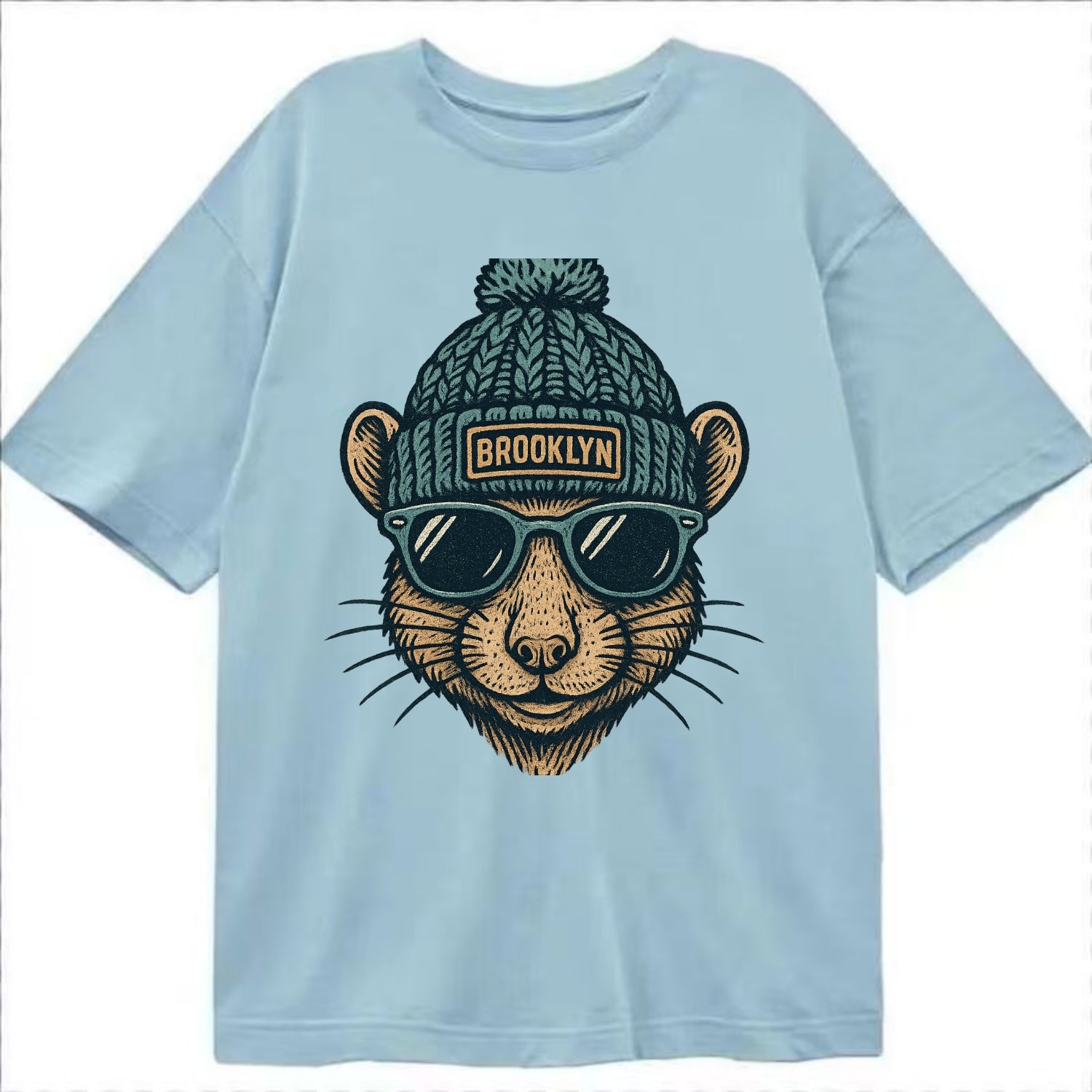 NYC Rat wearing Brooklyn beanie with pom pom and wayfarer sunglasses - Classic T-shirt - Light Blue