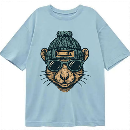 NYC Rat wearing Brooklyn beanie with pom pom and wayfarer sunglasses - Classic T-shirt - Light Blue