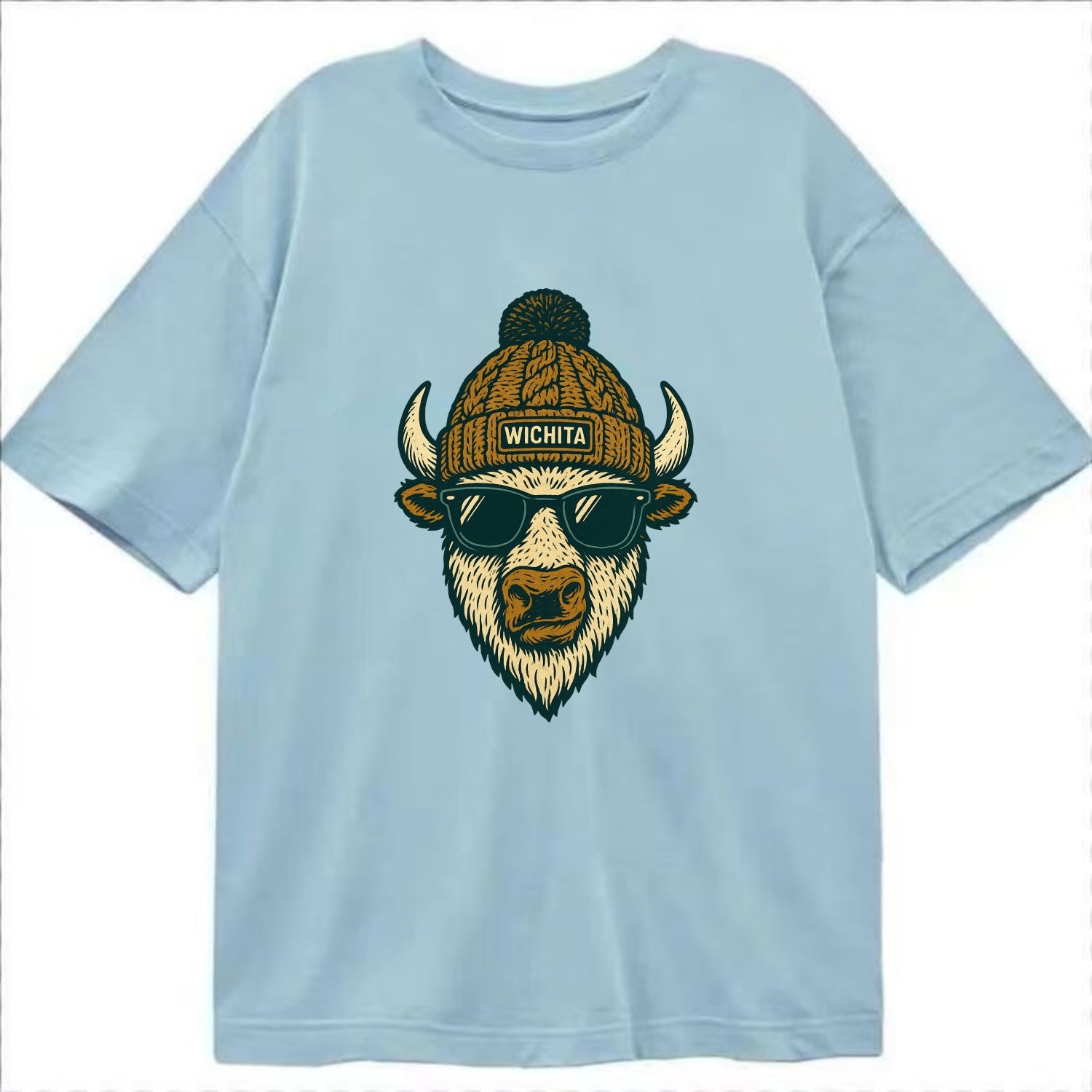 Kansas American Bison wearing Wichita beanie with pom pom and wayfarer sunglasses - Classic T-shirt - Light Blue