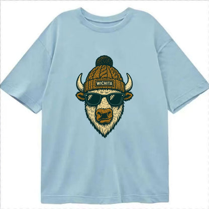 Kansas American Bison wearing Wichita beanie with pom pom and wayfarer sunglasses - Classic T-shirt - Light Blue