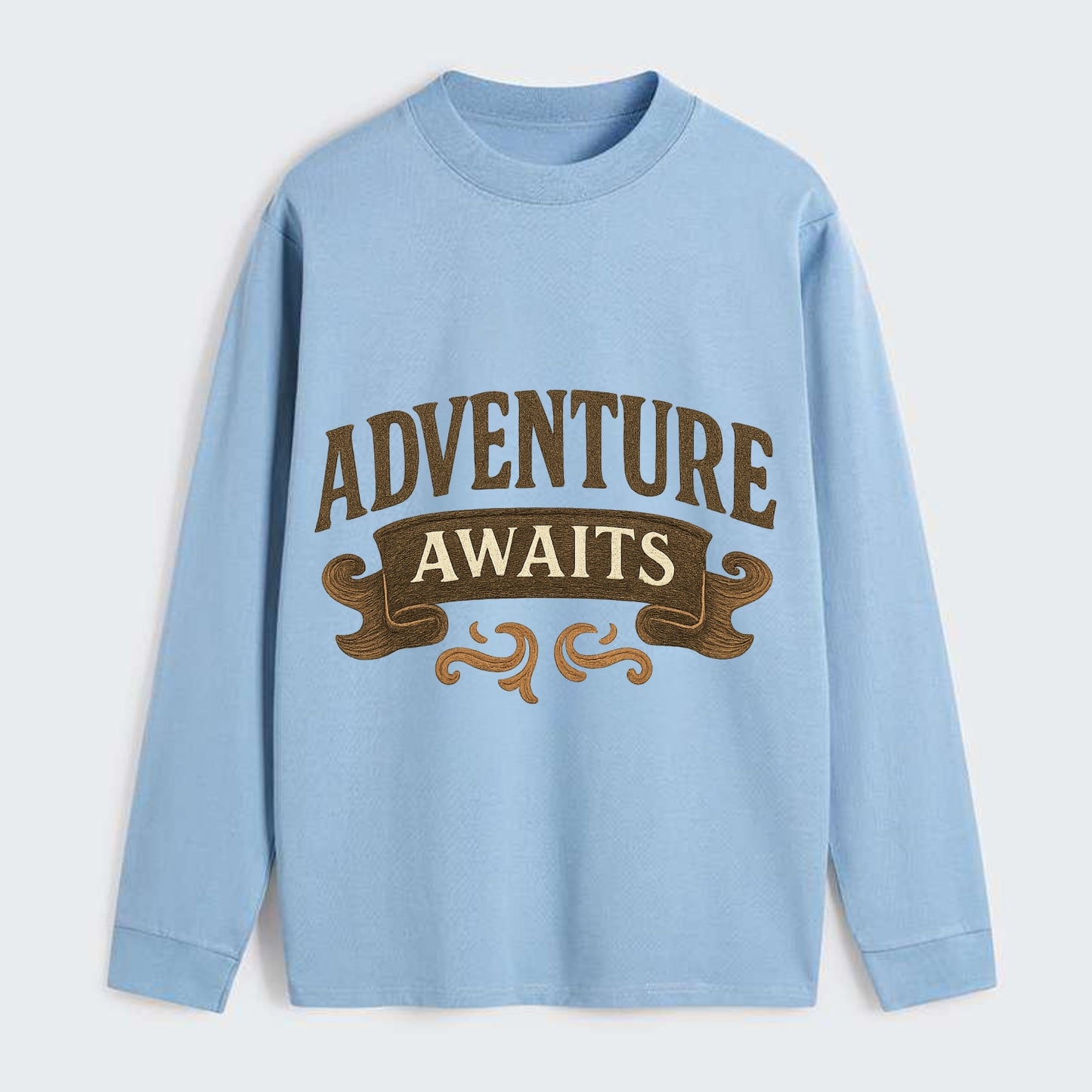 Bold typography design - "ADVENTURE AWAITS" - excitement ahead, ready - Classic Long Sleeve Shirt - Light Blue