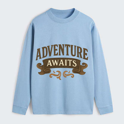 Bold typography design - "ADVENTURE AWAITS" - excitement ahead, ready - Classic Long Sleeve Shirt - Light Blue