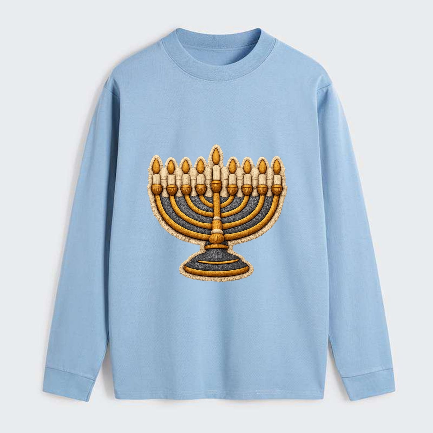 MENORAH LIGHTS - nine branch candelabra in gold and blue , Hanukkah - Classic Long Sleeve Shirt - Light Blue