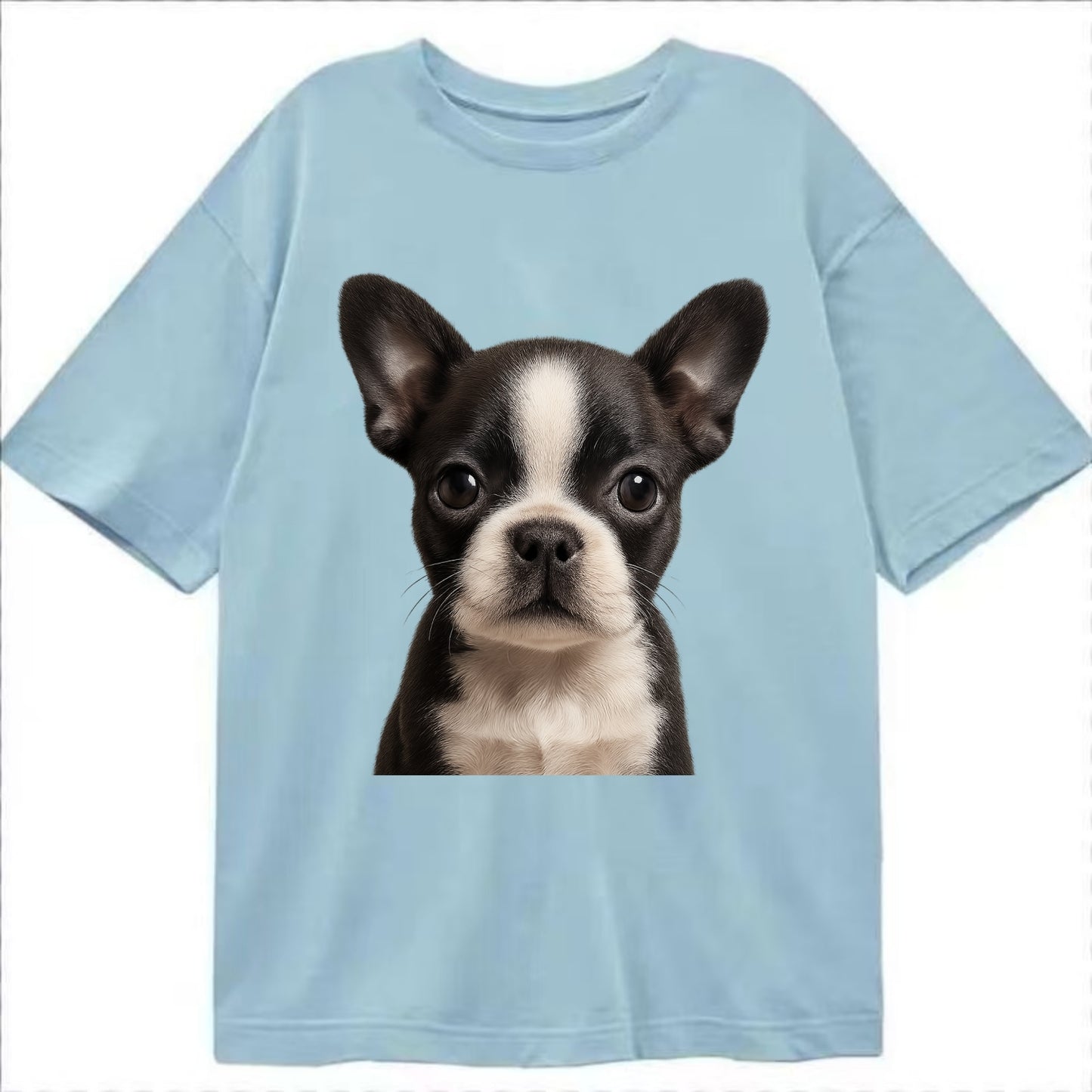 Baby Boston Terrier Puppy - tuxedo markings, big round eyes, bat ears, - Classic T-shirt - Light Blue