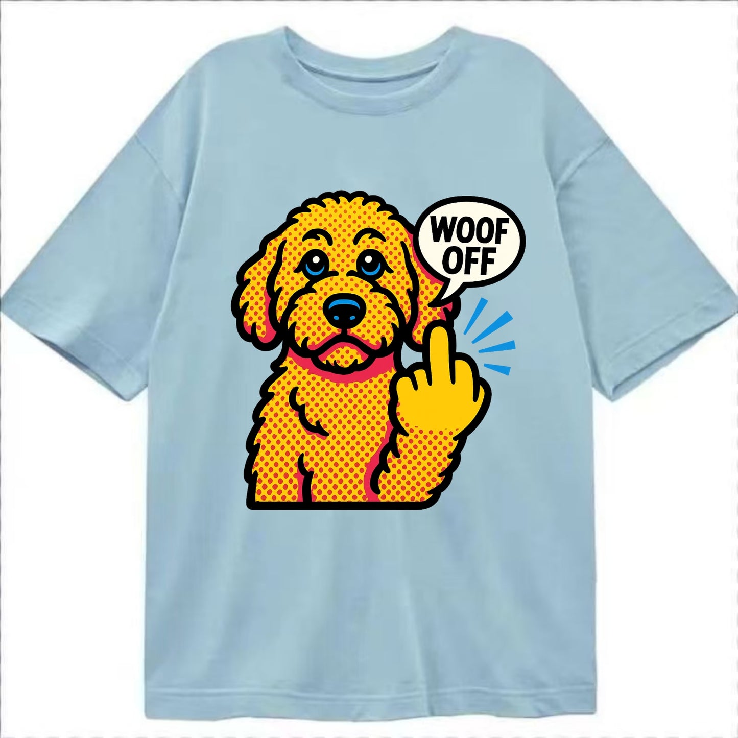 Goldendoodle with teddy bear face and curly golden coat, friendly paw flipping off - Classic T-shirt - Light Blue