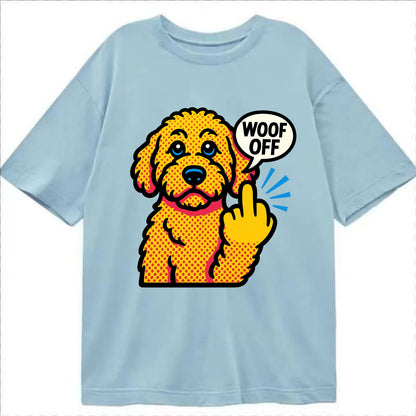 Goldendoodle with teddy bear face and curly golden coat, friendly paw flipping off - Classic T-shirt - Light Blue