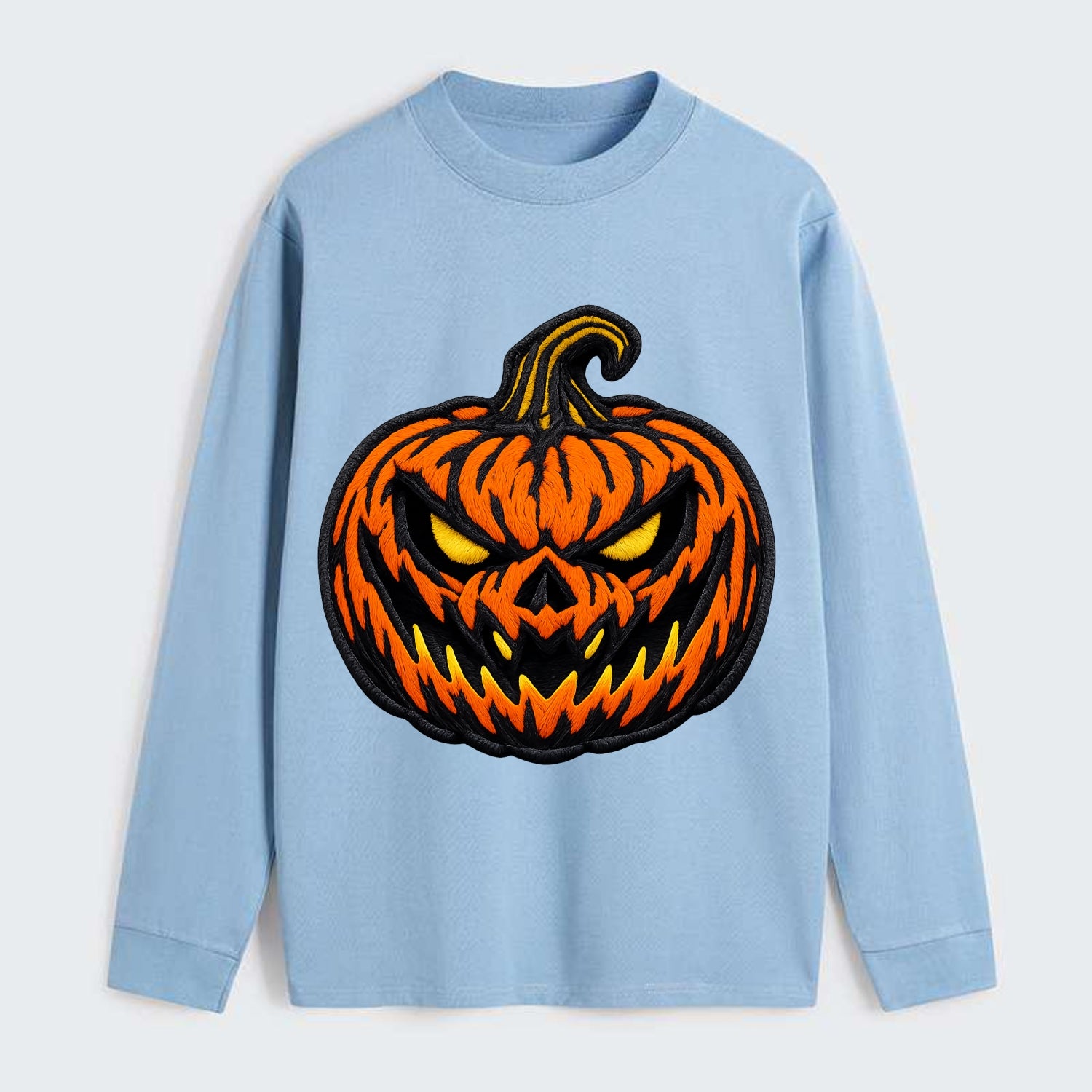 HALLOWEEN PUMPKIN - jack o lantern in orange and black , spooky - Classic Long Sleeve Shirt - Light Blue