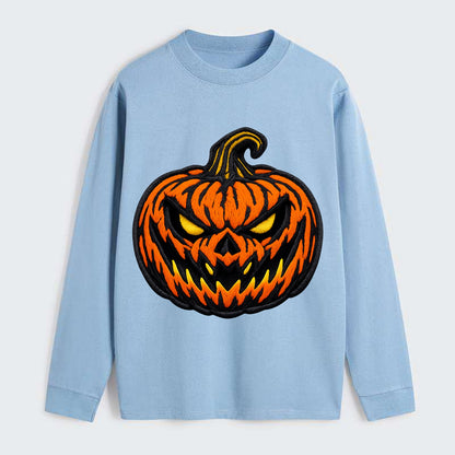 HALLOWEEN PUMPKIN - jack o lantern in orange and black , spooky - Classic Long Sleeve Shirt - Light Blue