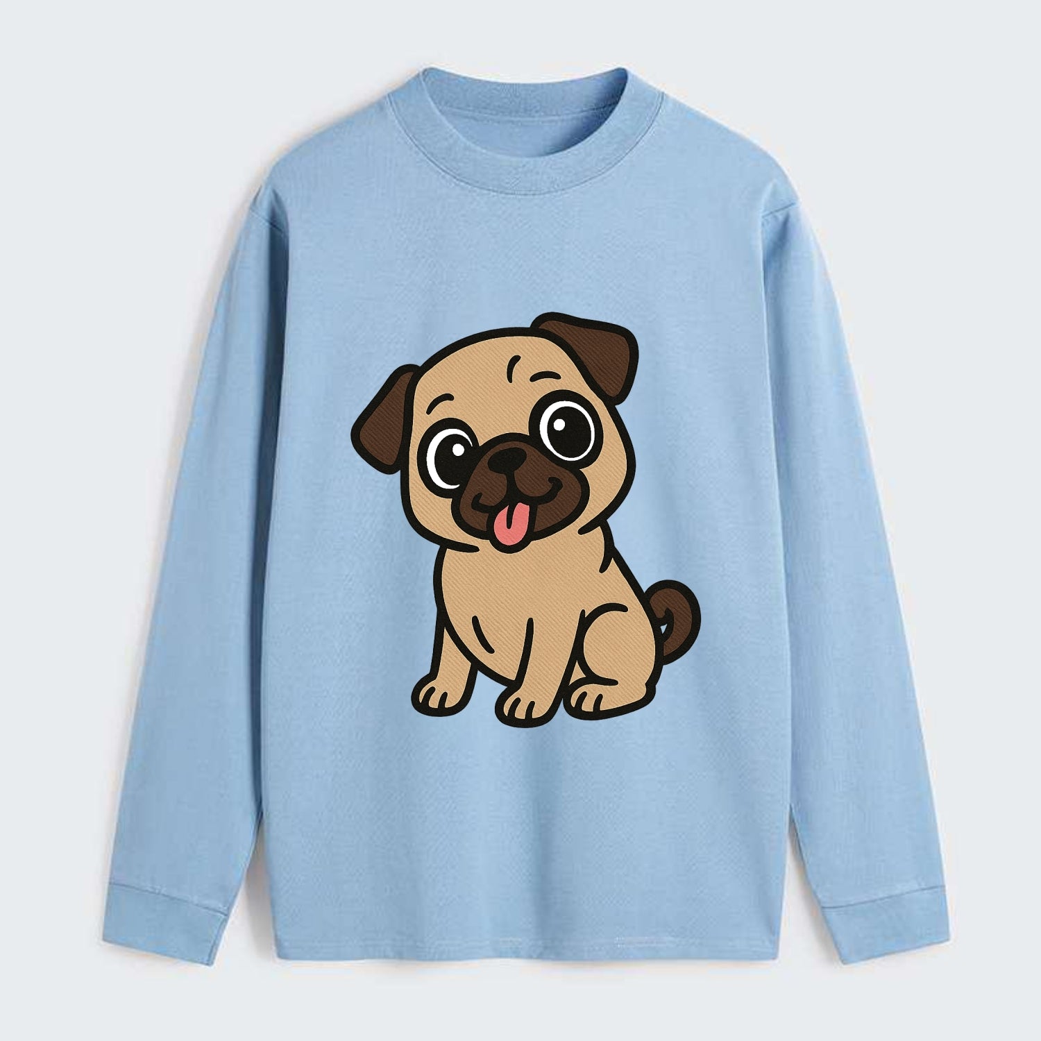 Pug - Tilted head with tongue out - Classic Long Sleeve Shirt - Light Blue