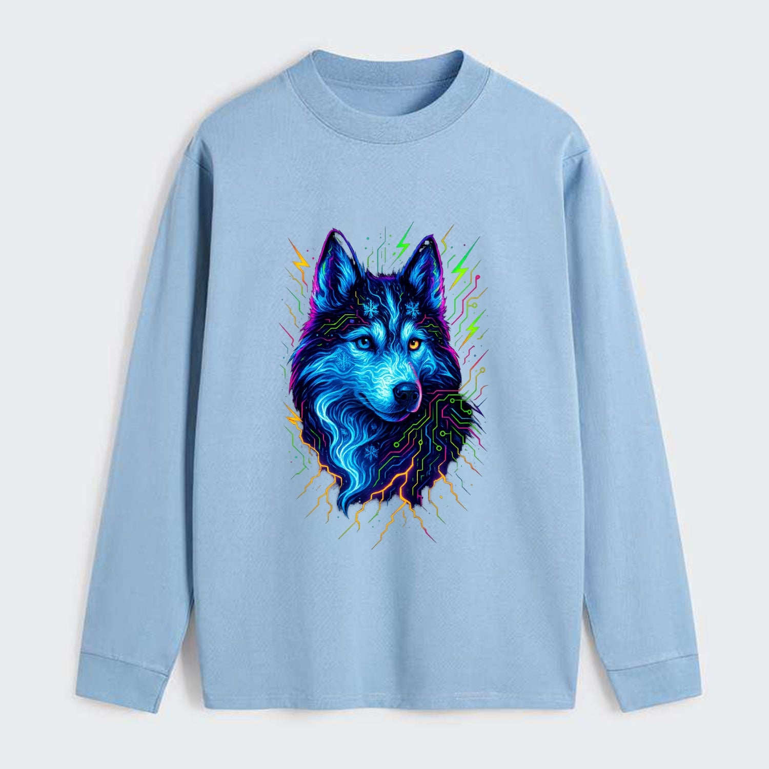 Siberian husky with ice-crystal flowing patterns, electric blue and - Classic Long Sleeve Shirt - Light Blue