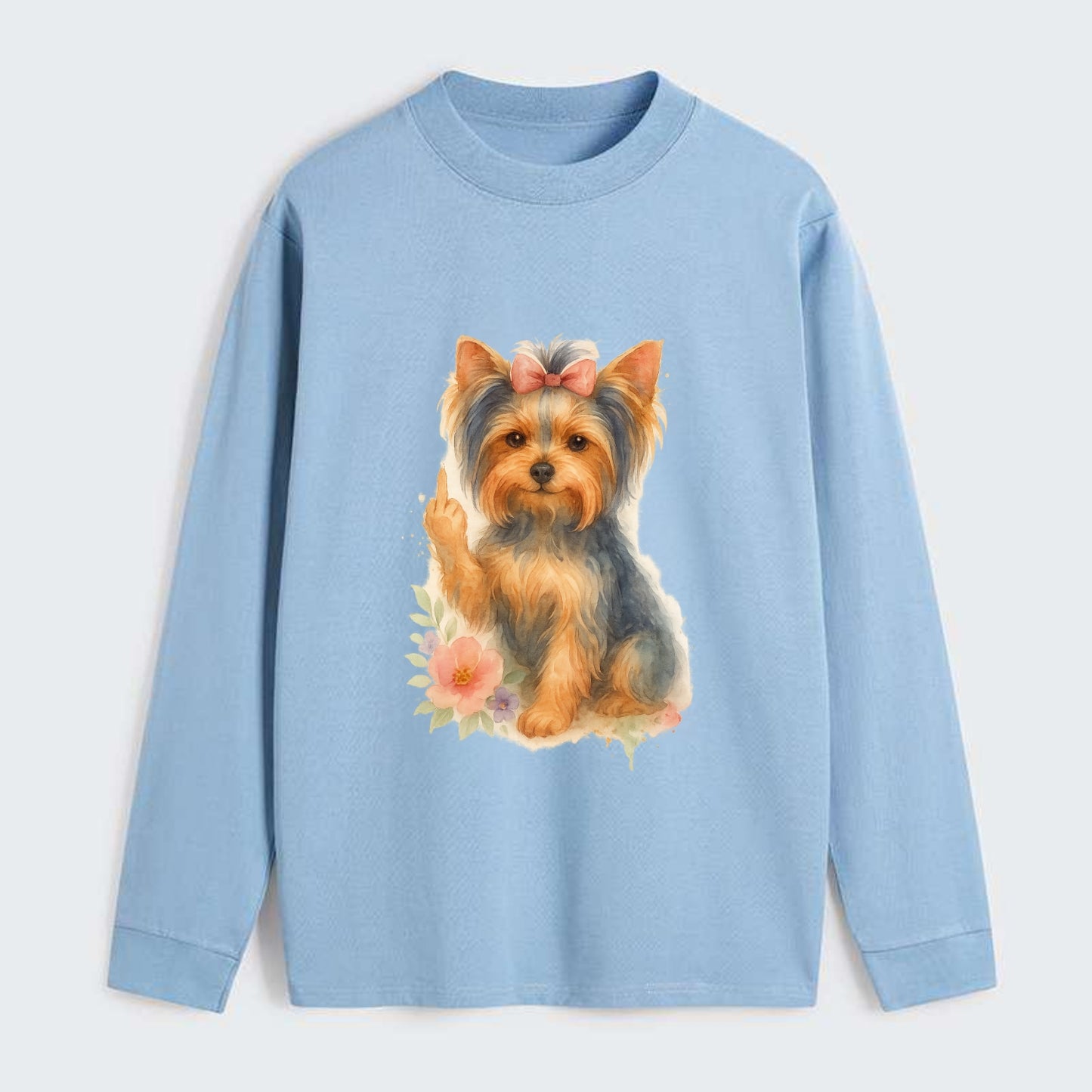 Yorkshire Terrier with topknot bow, one delicate paw flipping off - Classic Long Sleeve Shirt - Light Blue
