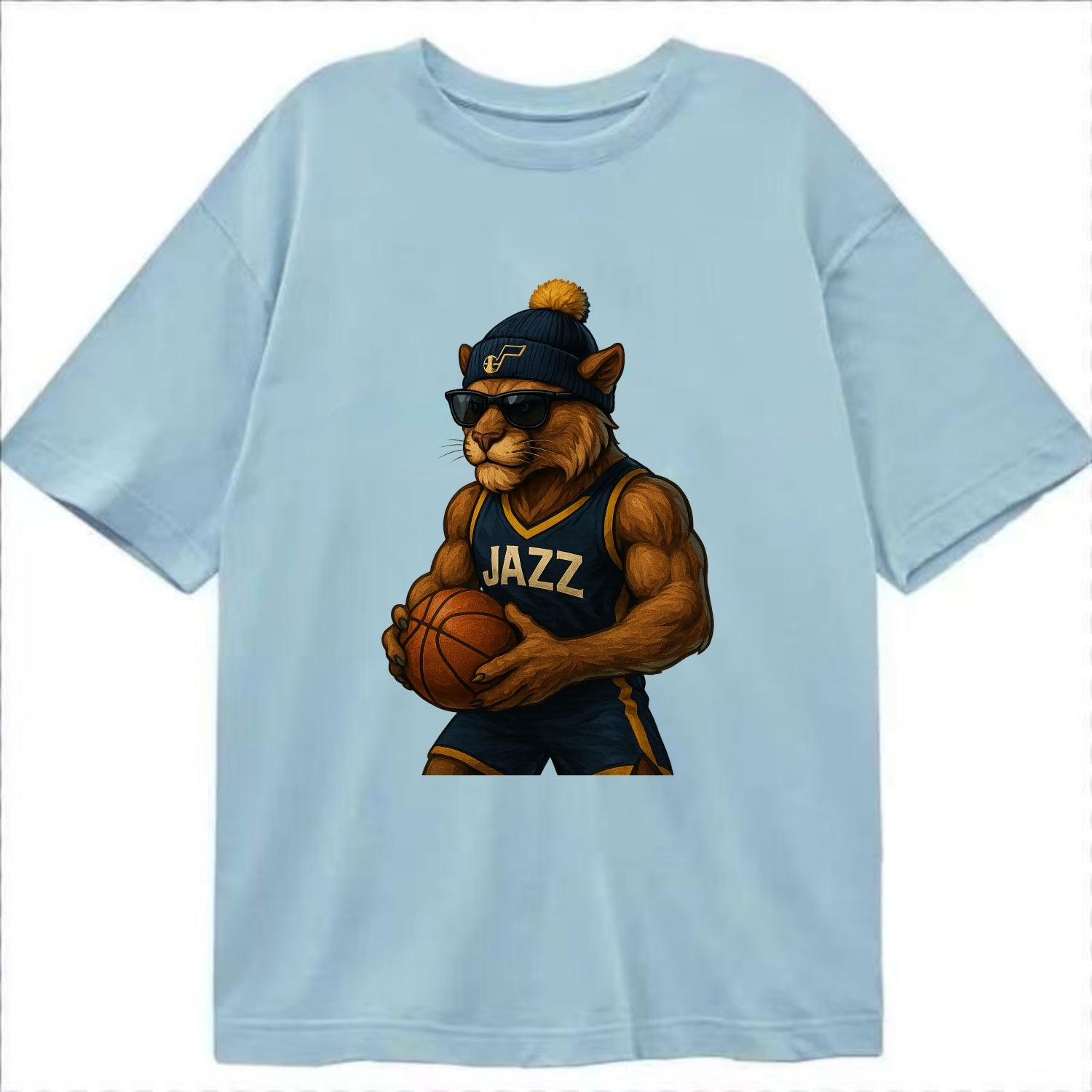 Utah Mountain Lion wearing Jazz navy and yellow beanie with music note and - Classic T-shirt - Light Blue