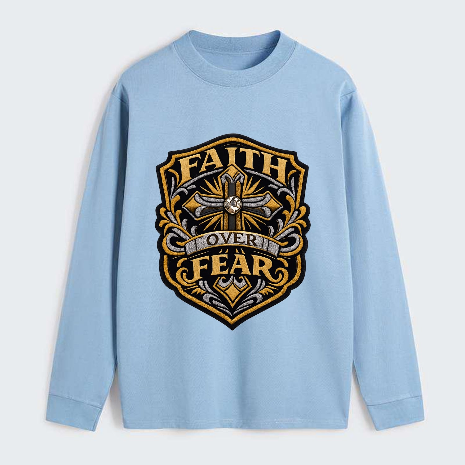 FAITH OVER FEAR - cross with text in gold , spiritual strength - Classic Long Sleeve Shirt - Light Blue