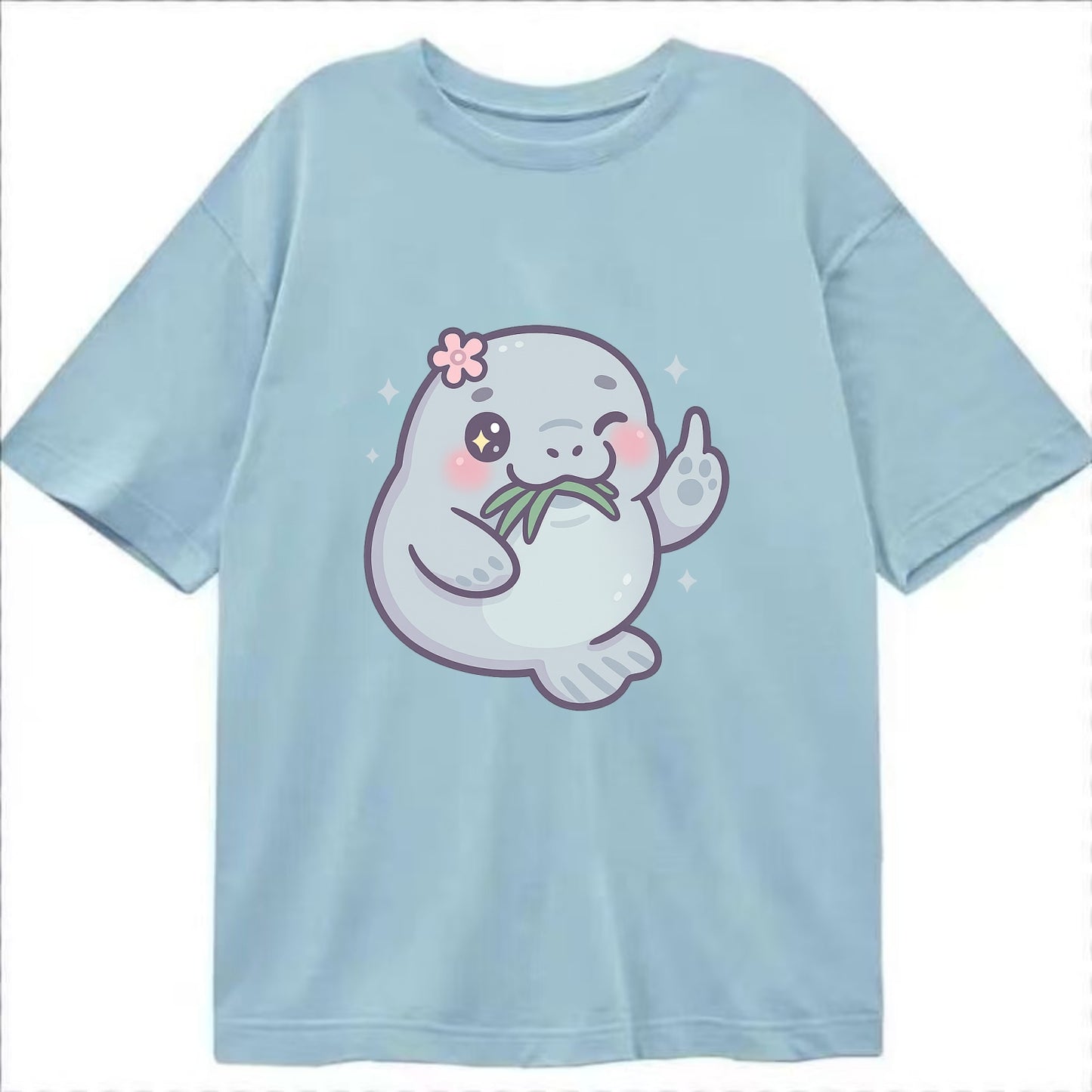 chubby manatee munching on seagrass, one flipper raised with sass - Classic T-shirt - Light Blue
