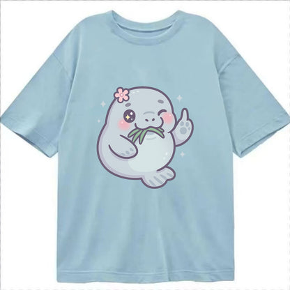 chubby manatee munching on seagrass, one flipper raised with sass - Classic T-shirt - Light Blue