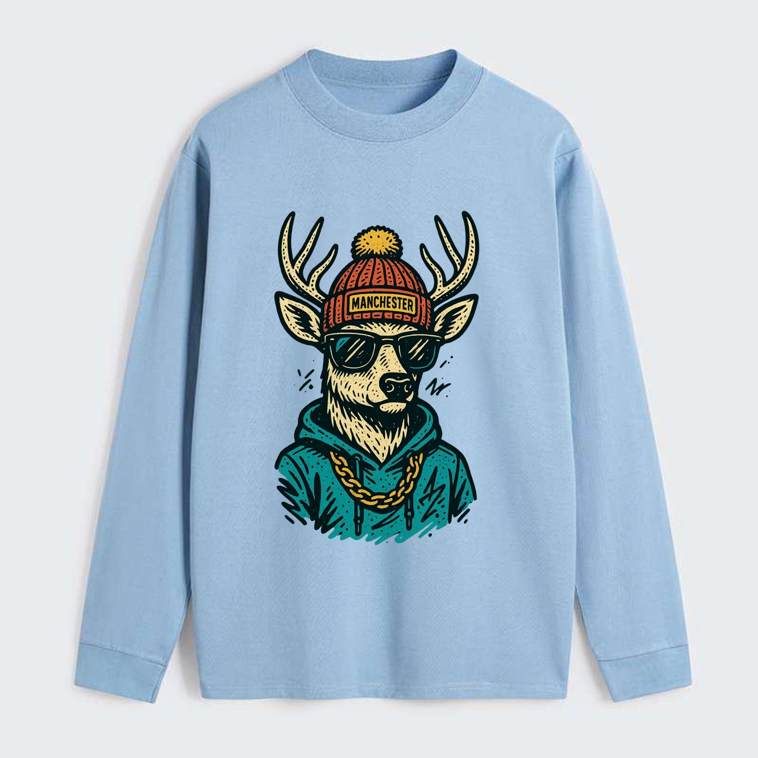 New Hampshire White-tailed Deer wearing Manchester beanie with pom pom - Classic Long Sleeve Shirt - Light Blue