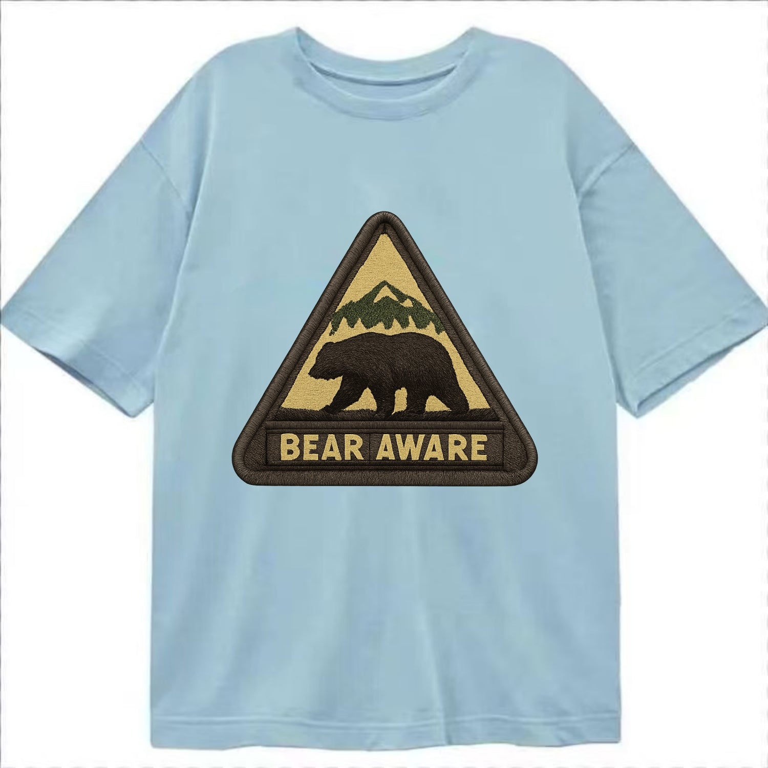 BEAR AWARE - bear silhouette warning in brown and yellow , wilderness safety - Classic T-shirt - Light Blue