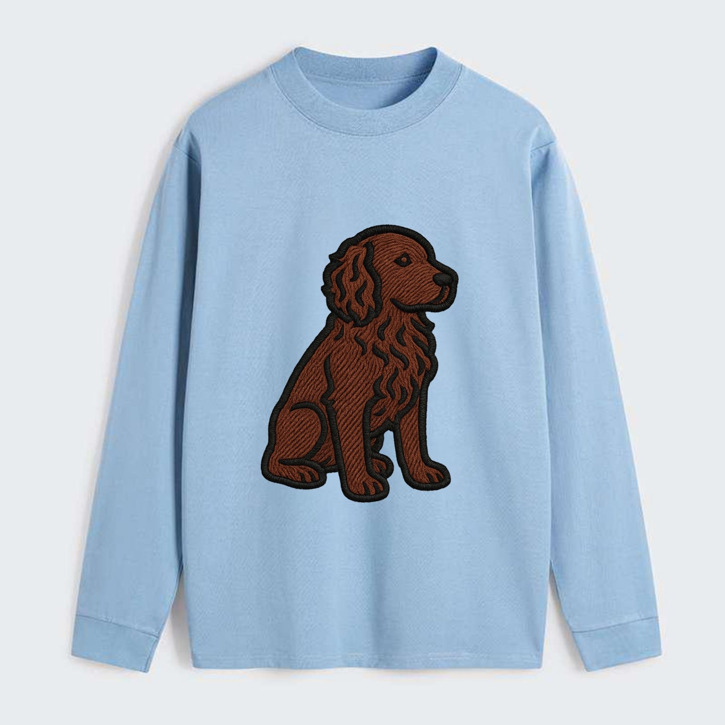 Boykin Spaniel - Rich chocolate brown wavy coat embroidered sitting pose - Classic Long Sleeve Shirt - Light Blue