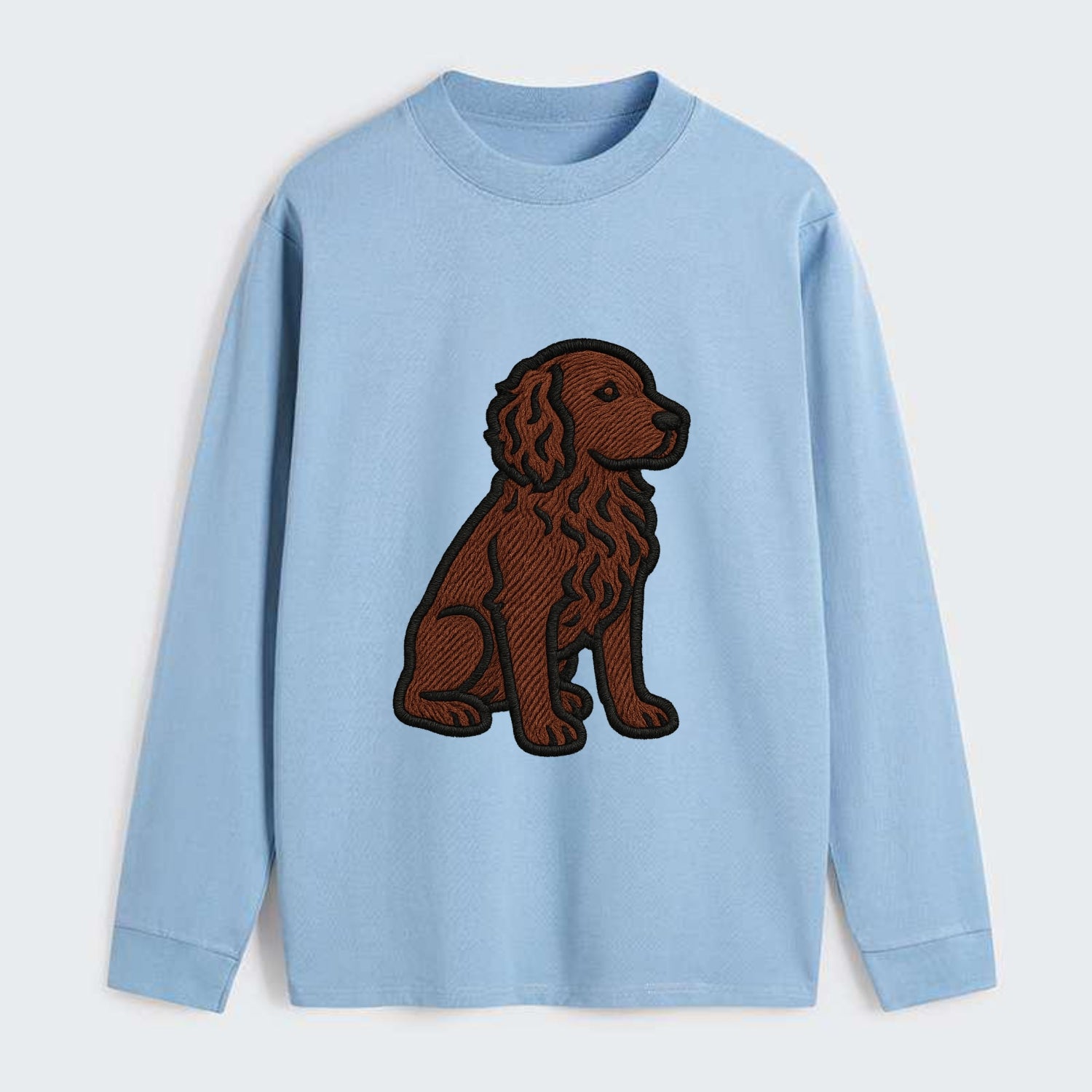 Boykin Spaniel - Rich chocolate brown wavy coat embroidered sitting pose - Classic Long Sleeve Shirt - Light Blue