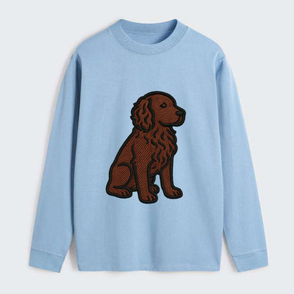 Boykin Spaniel - Rich chocolate brown wavy coat embroidered sitting pose - Classic Long Sleeve Shirt - Light Blue