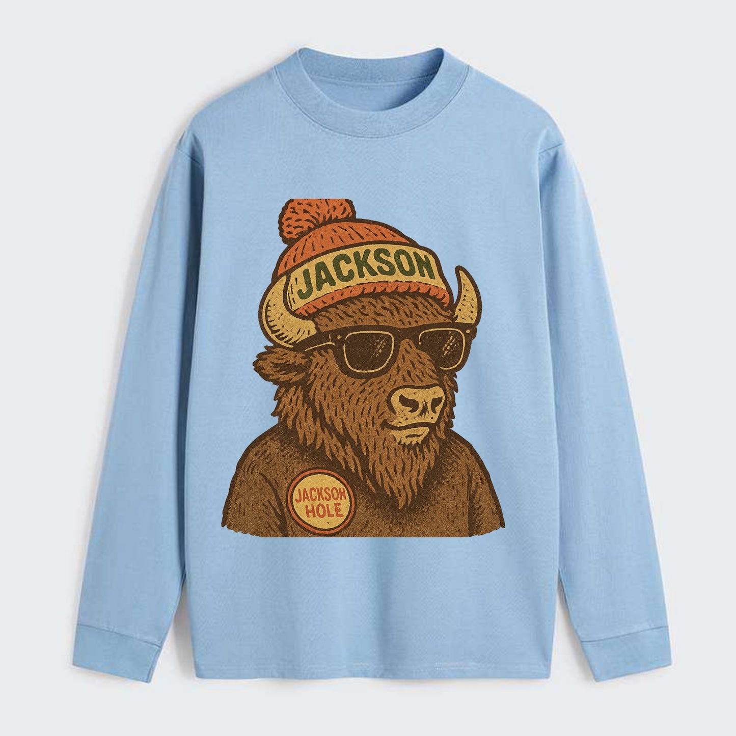 Jackson Hole Bison wearing Jackson beanie with pom pom and wayfarer - Classic Long Sleeve Shirt - Light Blue