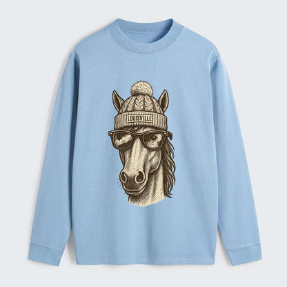 Kentucky Thoroughbred Horse wearing Louisville beanie with pom pom and - Classic Long Sleeve Shirt - Light Blue
