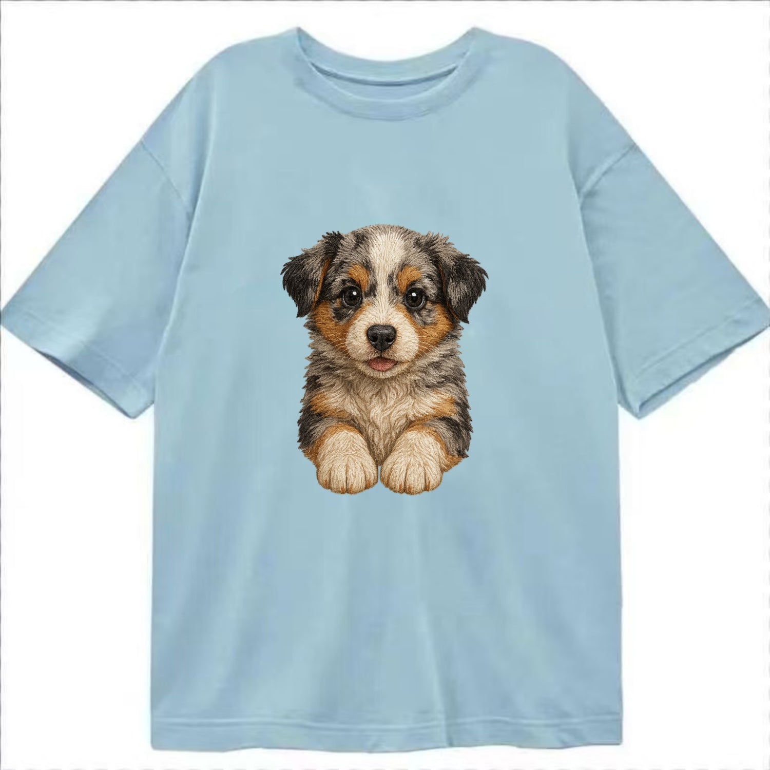 Baby Australian Shepherd Puppy - merle coat, bright eyes, fluffy, front-facing, - Classic T-shirt - Light Blue