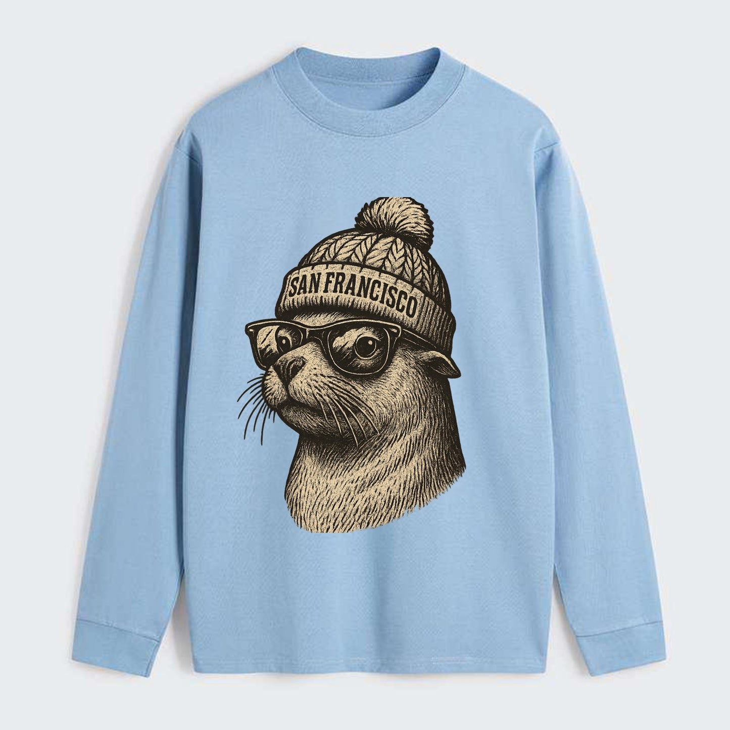 San Francisco Sea Lion wearing San Francisco beanie with pom pom and - Classic Long Sleeve Shirt - Light Blue