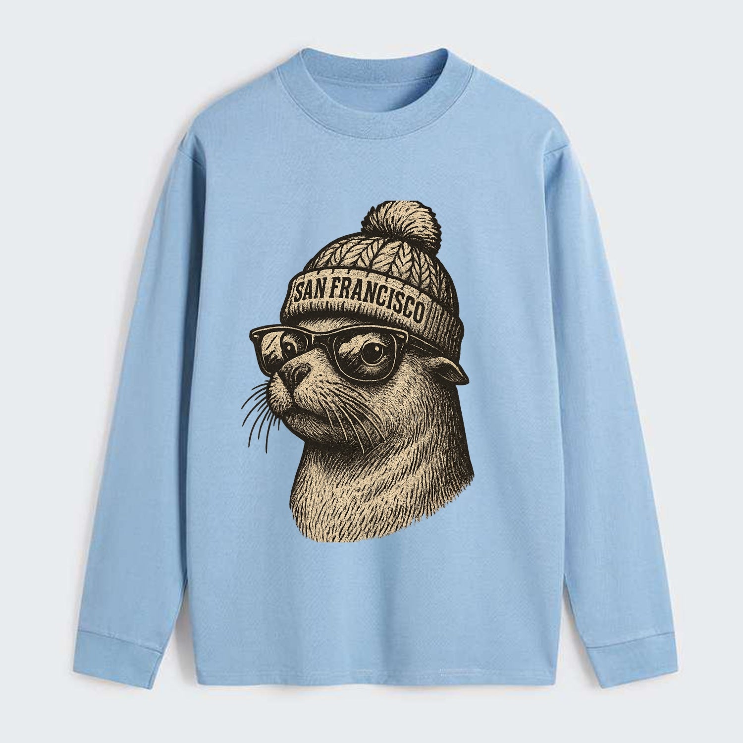 San Francisco Sea Lion wearing San Francisco beanie with pom pom and - Classic Long Sleeve Shirt - Light Blue
