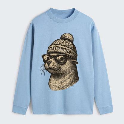 San Francisco Sea Lion wearing San Francisco beanie with pom pom and - Classic Long Sleeve Shirt - Light Blue