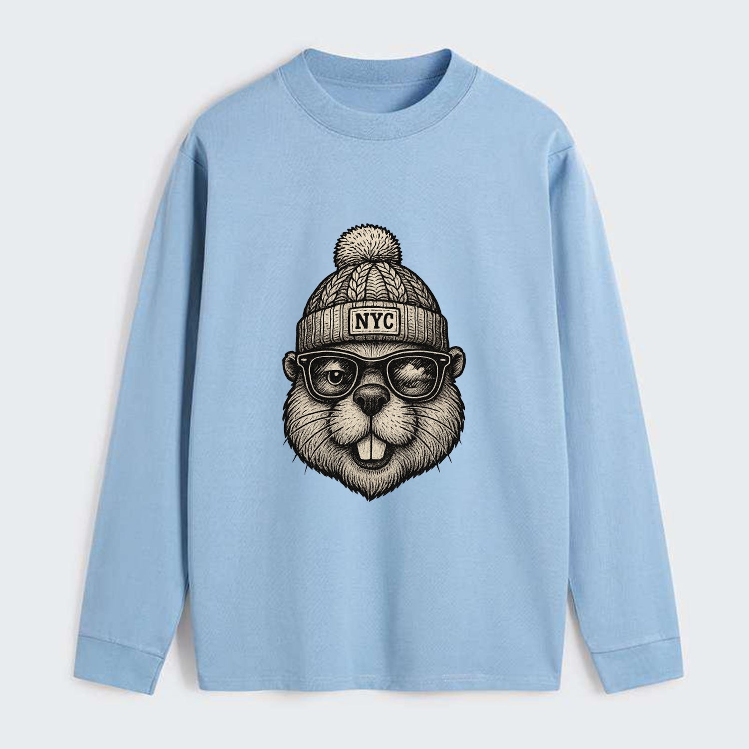 New York Beaver wearing NYC beanie with pom pom and wayfarer sunglasses - Classic Long Sleeve Shirt - Light Blue