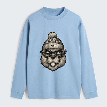 New York Beaver wearing NYC beanie with pom pom and wayfarer sunglasses - Classic Long Sleeve Shirt - Light Blue