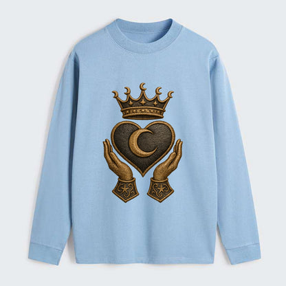 Moonlit crescent crown cradling a hematite heart with stargazer hands - Classic Long Sleeve Shirt - Light Blue