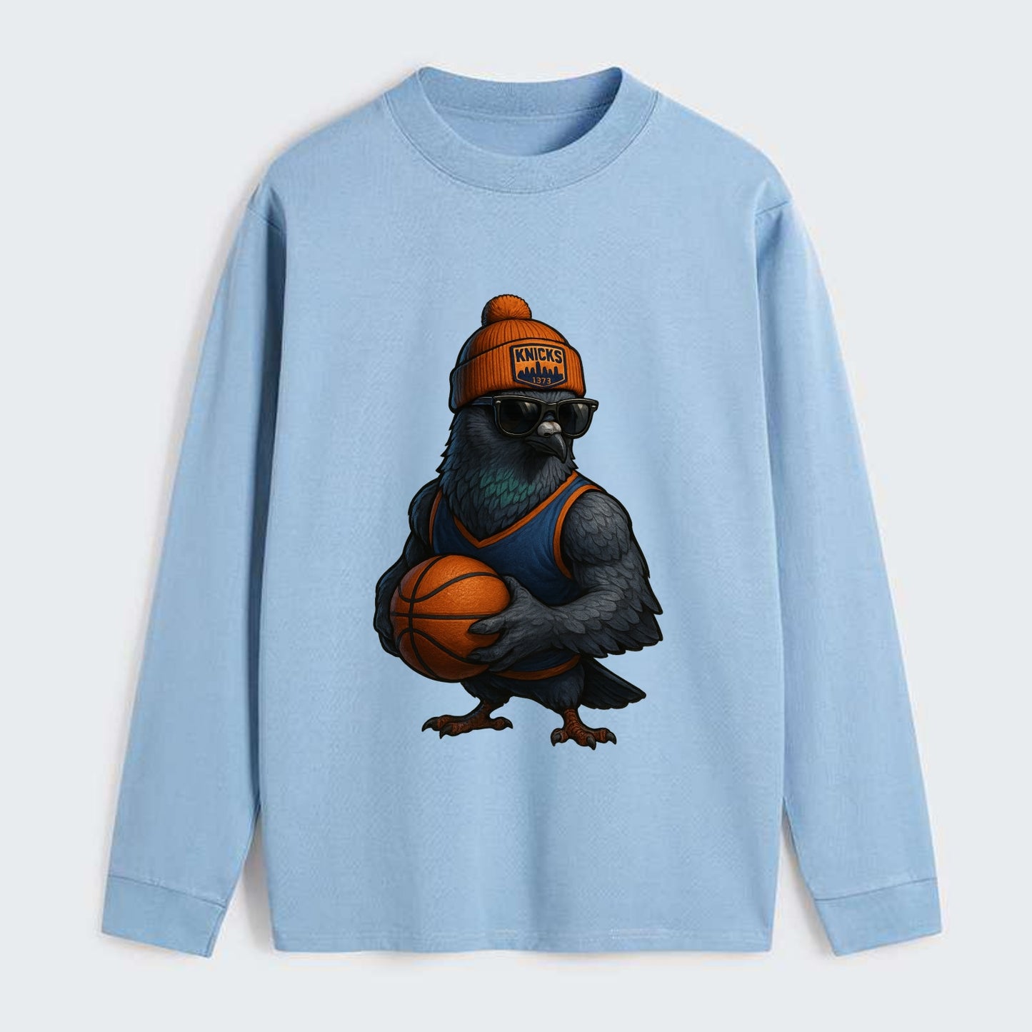 Manhattan Pigeon wearing Knicks beanie with skyline patch and wayfarer - Classic Long Sleeve Shirt - Light Blue