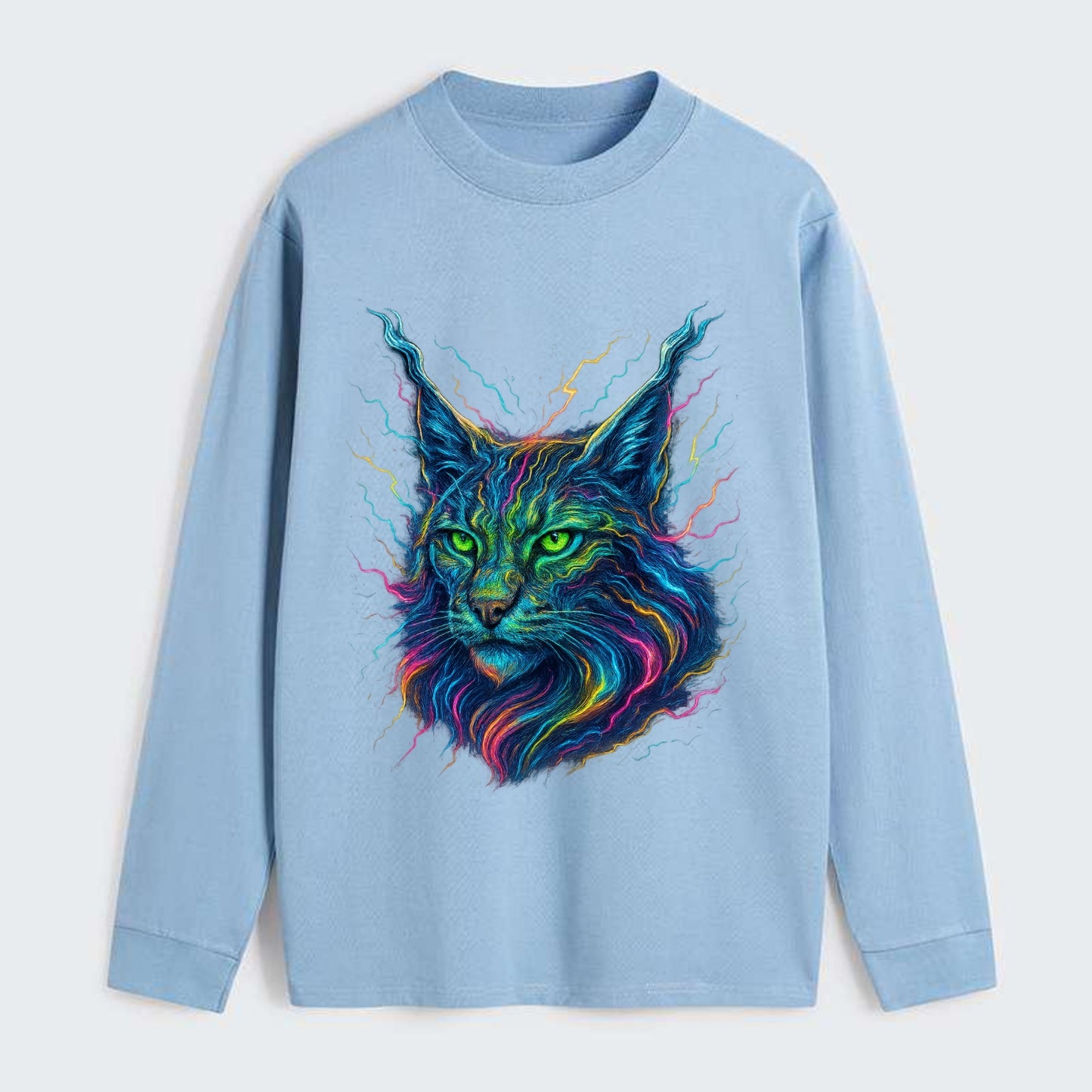 Wild lynx with ear tufts transforming into liquid mercury flows, silver - Classic Long Sleeve Shirt - Light Blue